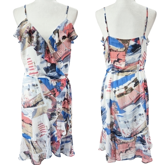 White House Black Market NWT Postcard Spaghetti Strap Ruffle Wrap Dress Beachy - Picture 1 of 9